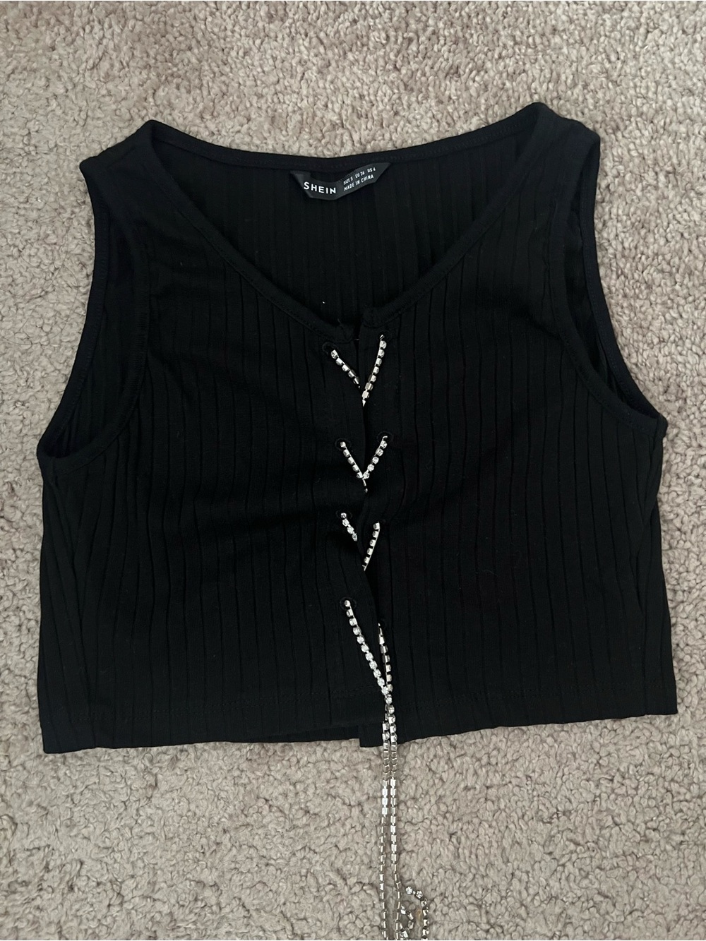 SHEIN Black Ribbed V-Neck Crop Tank with Rhinestone Lace-Up